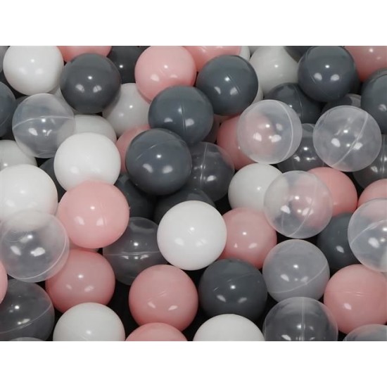 200 vnt. spalvotų plastikinių kamuoliukų 7 cm. pilki - rožiniai